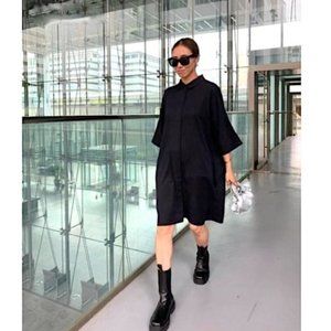 COS Black Draped Boxy Shirt Dress Lyocell Button front Oversized half sleeve XS